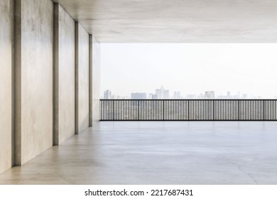 City view on light sky background through metallic railing on spacious area with stone wall and blank concrete floor for your product presentation. 3D rendering, mock up - Powered by Shutterstock