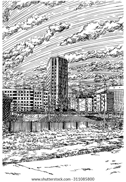 City\
view urban scene. Black and white dashed style sketch, line art,\
drawing with pen and ink. Western classical trend of book\
illustration and comic art. Retro vintage\
picture.