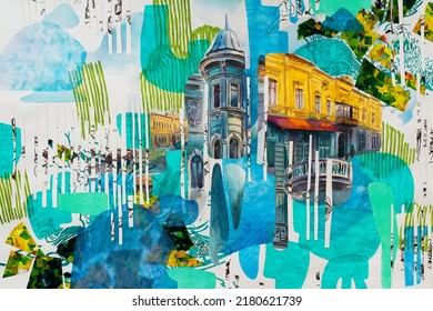 City Watercolor Drawing. Old Architecture. Abstract Collage On Paper