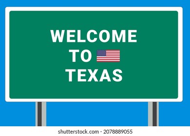 Ville de  Texas. Bienvenue dans  Texas. Salutations en entrant dans la ville américaine. Illustration de  Logo du Texas. Panneau de la route verte avec drapeau américain. Symbole touristique pour automobilistes