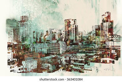 Cityscape With Abstract Textures,illustration Painting