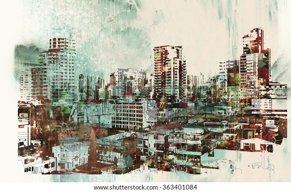 Ilustración De Stock Sobre Paisaje Urbano Con Texturas Abstractas