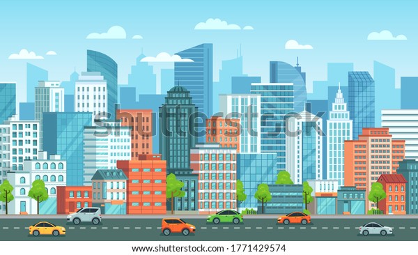 Cityscape with cars. City street with road,\
town buildings and urban car cartoon  illustration. Panoramic view\
with automobiles riding against modern downtown skyscrapers on\
background.