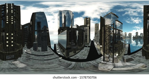 cityscape, environment map , Round panorama, spherical panorama, equidistant projection, panorama 360, 3d rendering