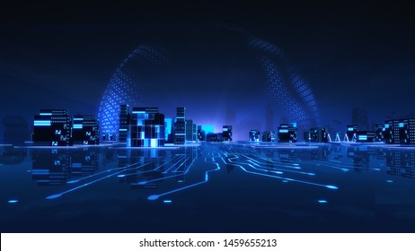 Cityscape Futuristic 3d City Neon Light With Power Energy Ball Background. Blue Hologram Tech Ball At Center Of Futuristic Technology Night Blue Town Background. Metaverse Concept. 3D Render.