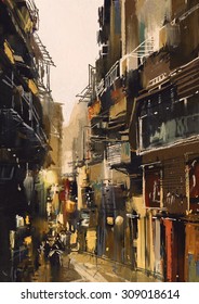 Cityscape Painting Showing Narrow Alley With Old Buildings