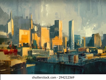 Cityscape Painting Of Urban Skyscrapers At Sunset