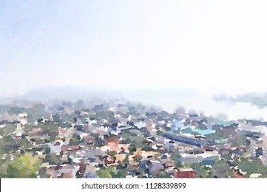 Cityscape sea view Beach look from mountain, watercolor painting background concept. - Powered by Shutterstock