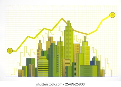 Cityscape with skyscrapers in green tones, upward trend line on grid background, modern graphic style, concept of business growth success. 3D Rendering. - Powered by Shutterstock