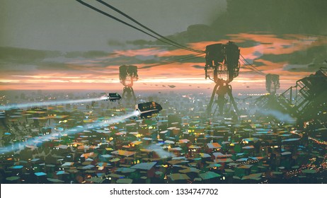 cityscape of slum city in futuristic world, digital art style, illustration painting