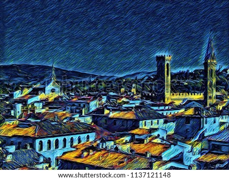 Cityscape view of Florence, tourism in Italy. Italian city old architecture. Big size oil painting fine art. Van Gogh style impressionism drawing artwork. Creative artistic print for canvas or poster.