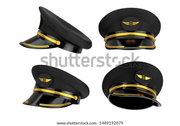白い背景に異なる位置に 民間航空 航空運送のパイロット帽子または金色の航空記号の付いた帽子 3dレンダリング のイラスト素材