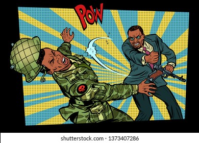 Civil Beats Invader Military Soldier. Struggle For Peace. Protest Against The Occupiers. African American People. Pop Art Retro  Illustration Comic Cartoon  Vintage Kitsch Drawing