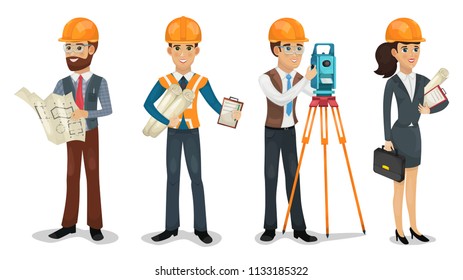 Civil engineer, surveyor, architect and construction workers isolated illustration.