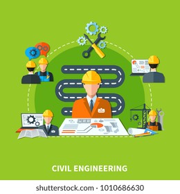 Civil engineering composition of flat design engineer and construction worker characters machinery and project layout images  illustration