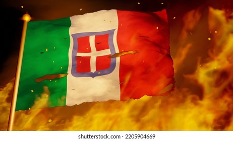 Civil Flag Of The Kingdom Of Italy (1861–1946) Burning In War, Crisis, Forest Fire, Collapse