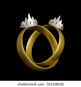 Civil Partnership Wedding Rings Conceptual Design With Two Crowns Isolated On Black Background. Lesbian Wedding Rings