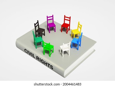 Civil Rights Symbol Of A Book With Different Color Chairs In A Circle To Convey Equality, Tolerance, Understanding And Respect For All. 3d Concept Illustration.