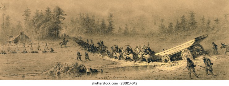 The Civil War. Stuck In The Mud;a Pontoon Wagon With Boat Is Stuck In The Mud While Infantry Try To Pull The Team To Dry Ground. Drawing By Edwin Forbes, 1861-1865.