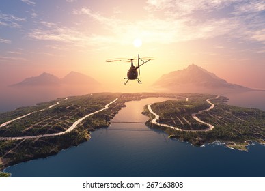 Civilian helicopter on a background an  landscape
