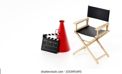 Clapboard And Director's Megaphone Standing Next To Director's Chair. 3D Illustration.