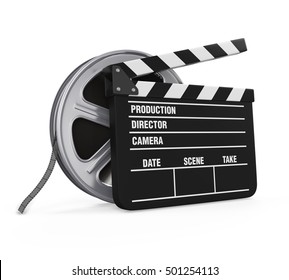 Clapper Board And Film Reel. 3D Rendering