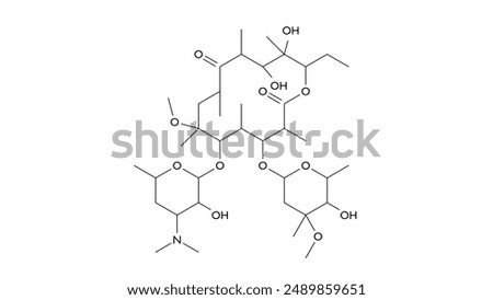clarithromycin molecule, structural chemical formula, ball-and-stick model, isolated image antibiotic