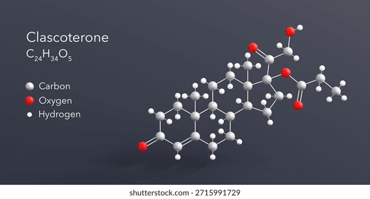clascoterone molecule 3d rendering, flat molecular structure with chemical formula and atoms color coding