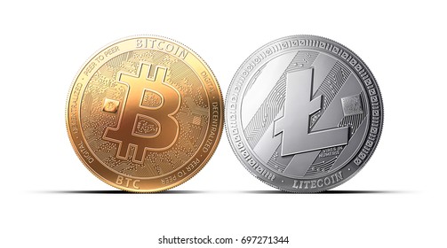 Clash of Bitcoin and Litecoin coins isolated on white background. Competing cryptocurrencies concept. Virtual money