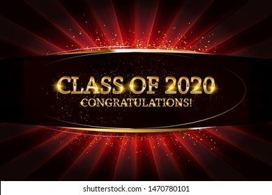 Class of 2020 Congratulations Graduates gold text with golden ribbons on dark background. 