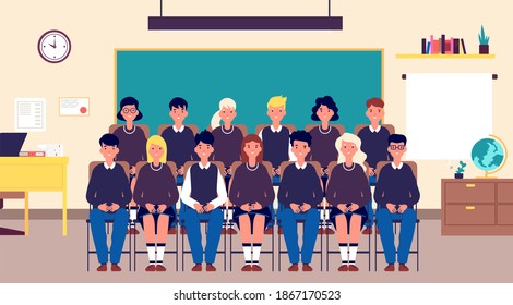 Class group portrait. Classmates, student in classroom. Teenagers in school uniform photo for memory. Education cartoon concept - Powered by Shutterstock