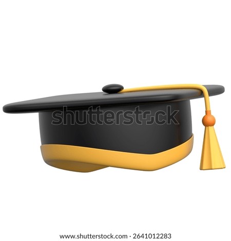 A classic 3D rendering of a black graduation cap (mortarboard) with a golden tassel. This iconic symbol represents academic achievement, graduation, higher education, commencement ceremonies, and educ