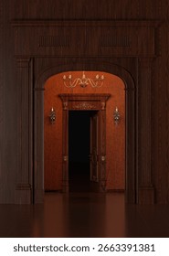 Classic 3D Rendering of an Elegant Door Entrance in Timeless Architecture Style, Featuring Ornate Details, Columns and Refined Interior Design for Luxury Real Estate or Historical Projects