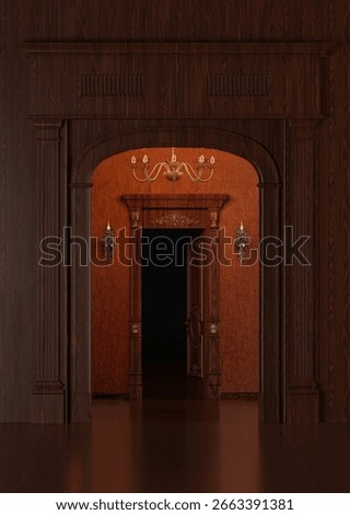 Classic 3D Rendering of an Elegant Door Entrance in Timeless Architecture Style, Featuring Ornate Details, Columns and Refined Interior Design for Luxury Real Estate or Historical Projects