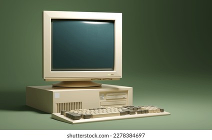A classic 90s beige personal home computer office setup. 3d illustration