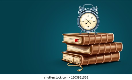 Classic Alarm clock. Stack pile of paper books. Education time concept banner design icon. Time for study book with bookmark symbol. Blue background with copyspace place for text. 3D illustration.