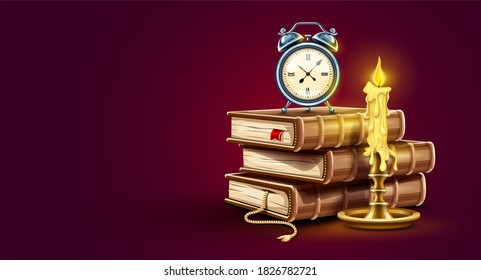Classic Alarm clock. Stack pile of paper books. Candle with burning fire. Education time concept banner design icon. Time for study book with bookmark symbol. 3D illustration.