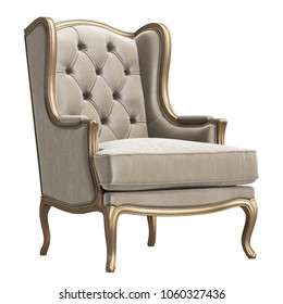 Classic armchair in ivory color velvet and gold isolated on white background.Digital illustration.3d rendering