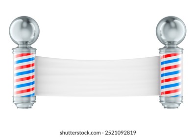 Classic Barber Poles with Blank Banner for Advertise between. 3D Rendering isolated on white background - Powered by Shutterstock