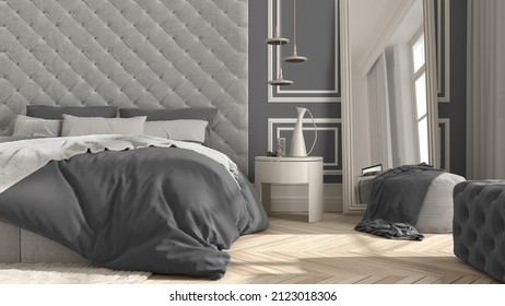 Classic Bedroom In Gray Tones With Modern Furniture, Close Up, Parquet, Velvet Double Bed With Pillows, Side Table, Pendant Lamp, Carpet, Mirror And Decors. Interior Design Idea, 3d Illustration