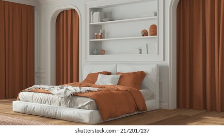 Classic bedroom in white and orange tones. Double modern bed and carpet, arched walls with curtains. Molded walls and bookshelf, parquet. Neoclassic interior design, 3d illustration
