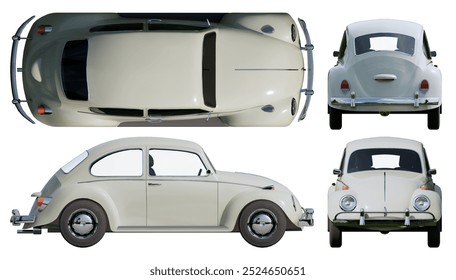 Classic Beetle car different view isolated on white studio background, top front back and side view