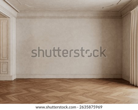 Classic beige empty interior with blank wall, wood chevron floor and curtains. 3d render illustration mockup.