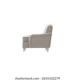 Classic beige sofa side view, 3D render isolated on transparent background.
