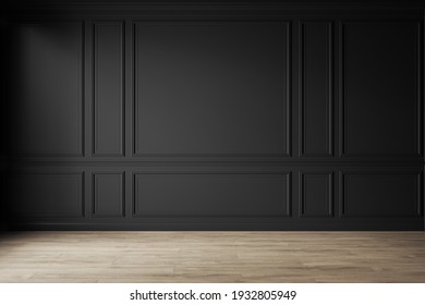 Classic black empty interior with wall panels, moldings and wooden floor. 3d render illustration mock up.