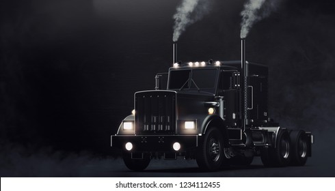 Classic Black Semi Truck On Dark Background With Smoke (3D Illustration)