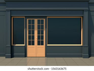 Classic Black Shopfront With Large Windows And Yellow Door. Small Business Black Friday Store Facade 3D Render
