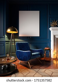 Classic Blue Interior With Armchair, Wall Panel And Decor. 3d Render Illustration Mock Up.