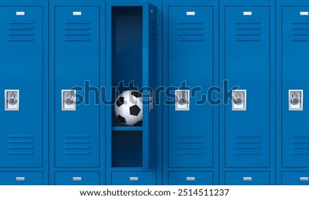 Classic blue locker with its door open revealing a soccer ball inside. 3d