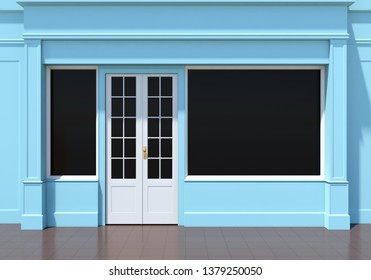 Classic Blue Shopfront With Large Windows. Small Business Blue Store Facade 3D Render